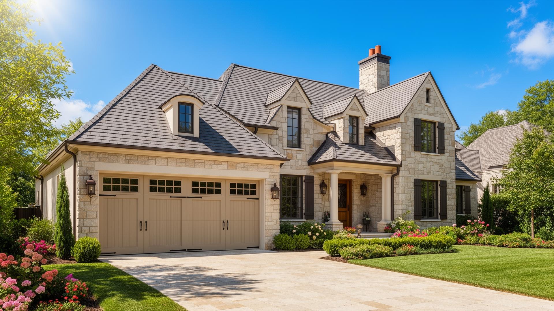Beautiful craftsman style garage doors on French country estate home in Tallmadge Ohio