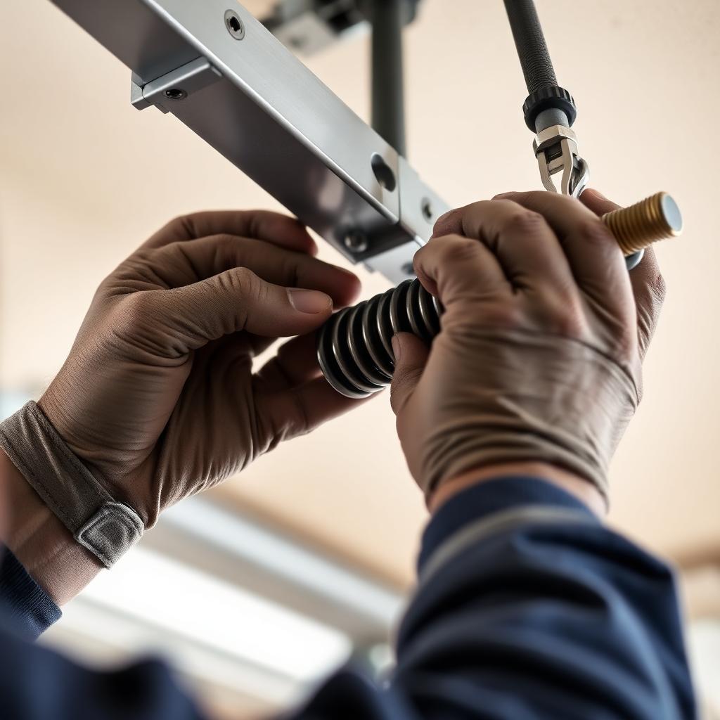 Professional garage door repair service technician working on residential garage door in Tallmadge Ohio