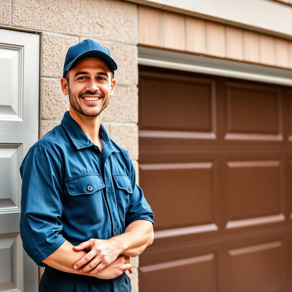 Professional garage door technician in uniform inspecting garage door springs in Tallmadge Ohio